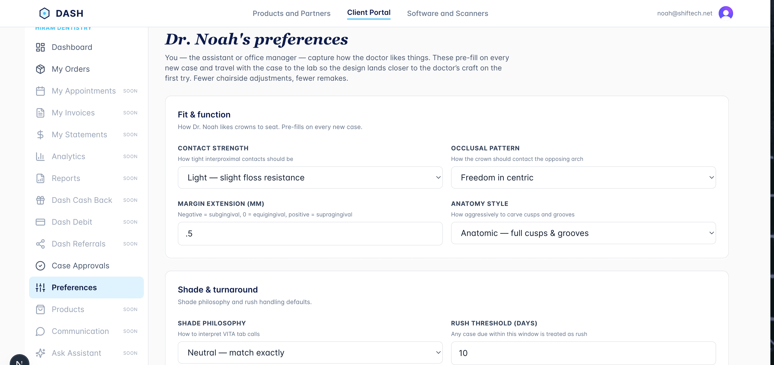 Doctor preferences in the Dash portal