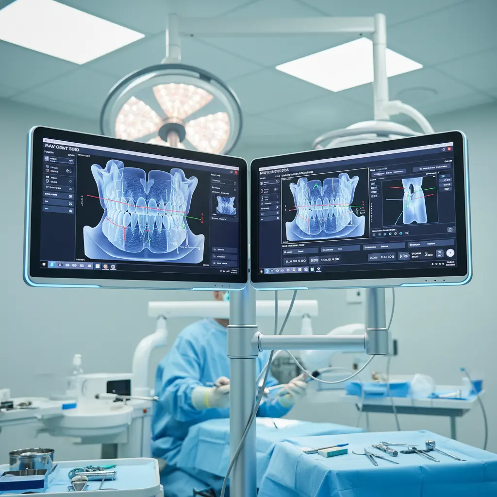 State-of-the-art dental CAD/CAM system with multiple monitors displaying 3D models