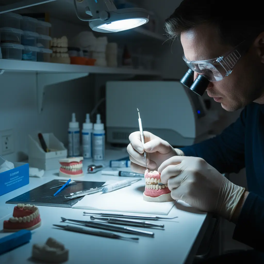 Dental technician working with microscope in pristine laboratory environment