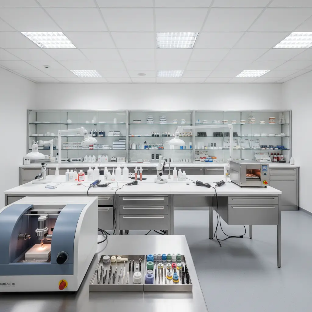 Modern dental laboratory with organized storage and efficient workflow design
