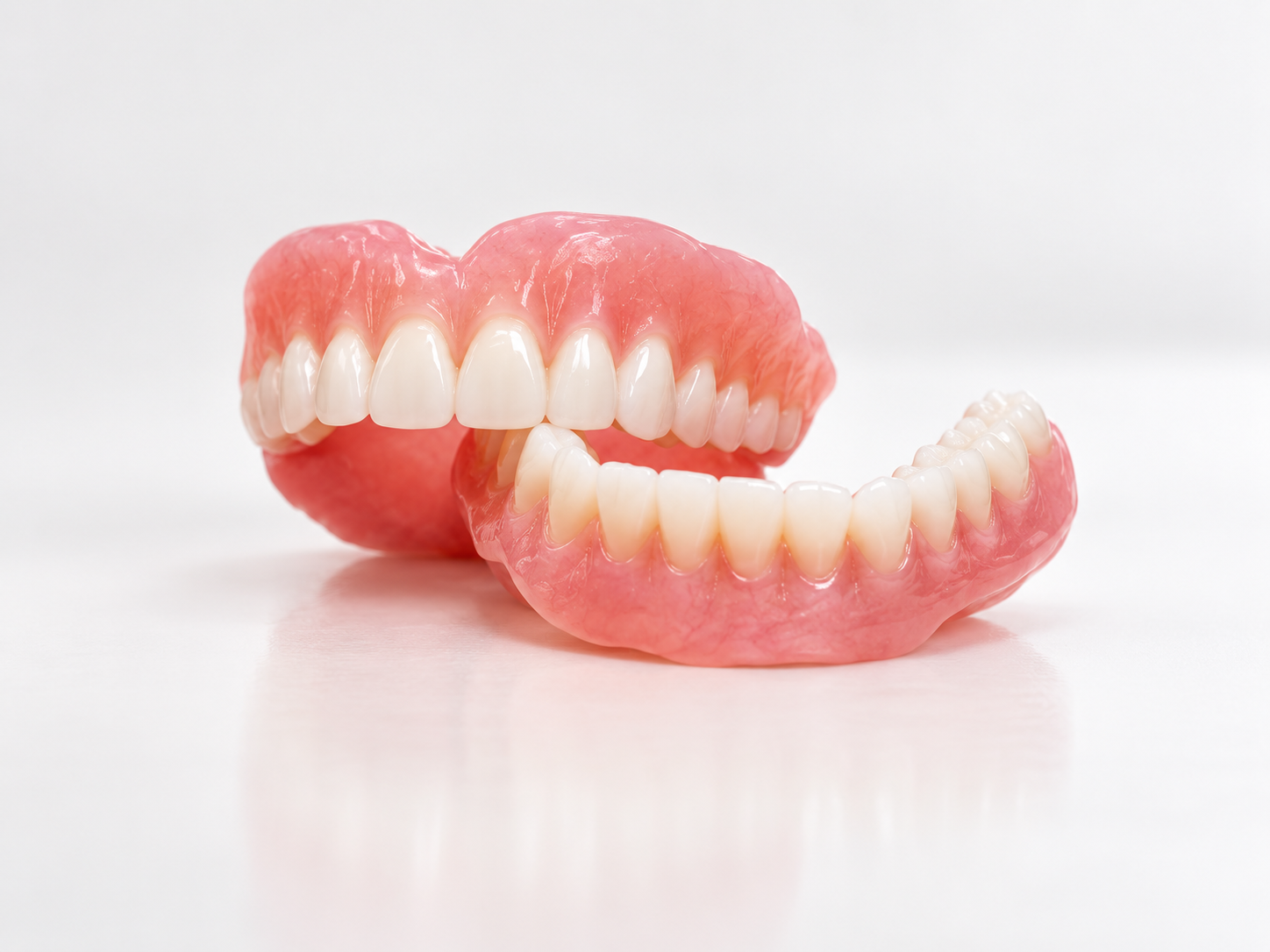 Upper and lower complete dentures displayed on a white surface