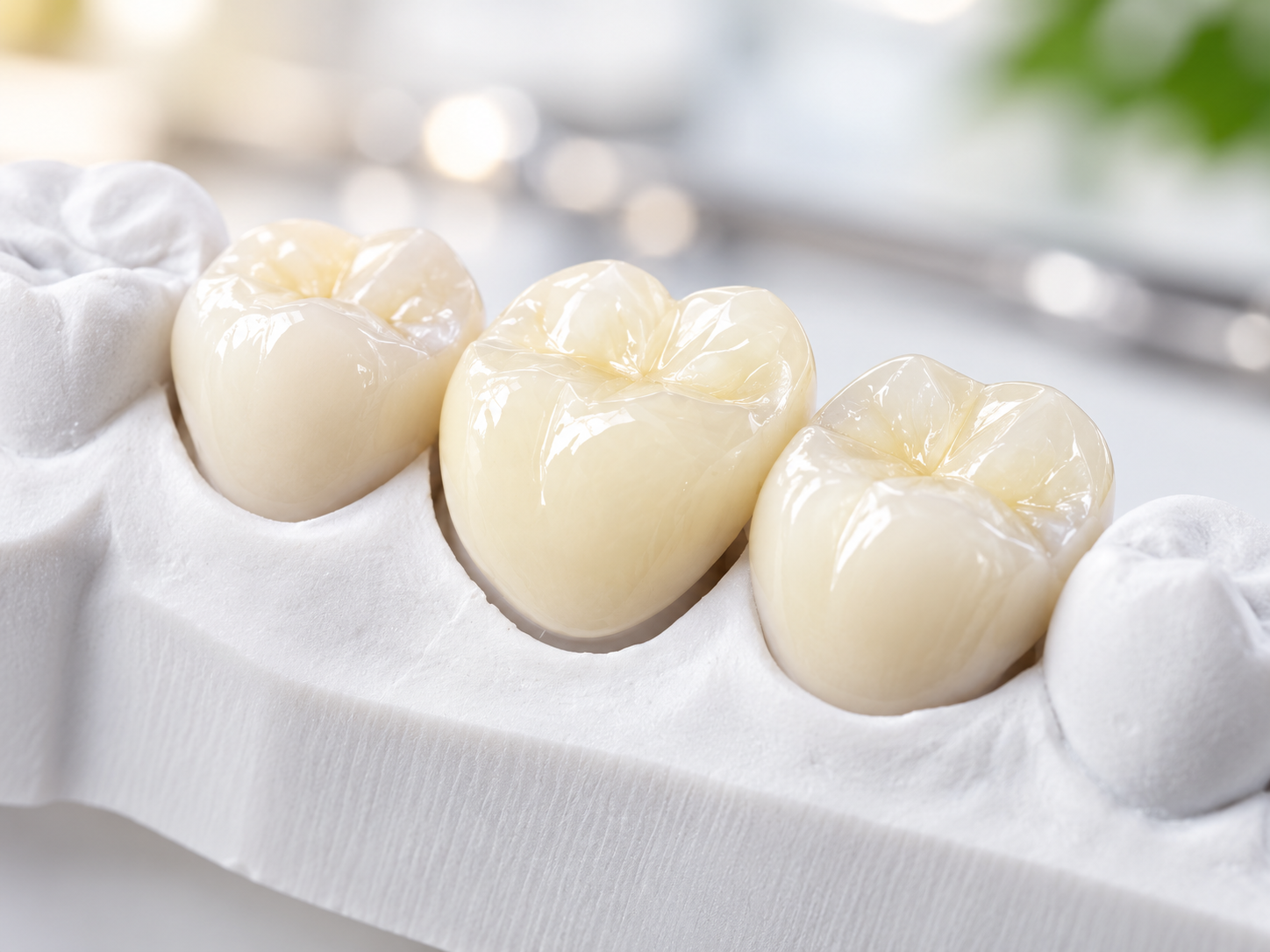 Three crowns on a dental model
