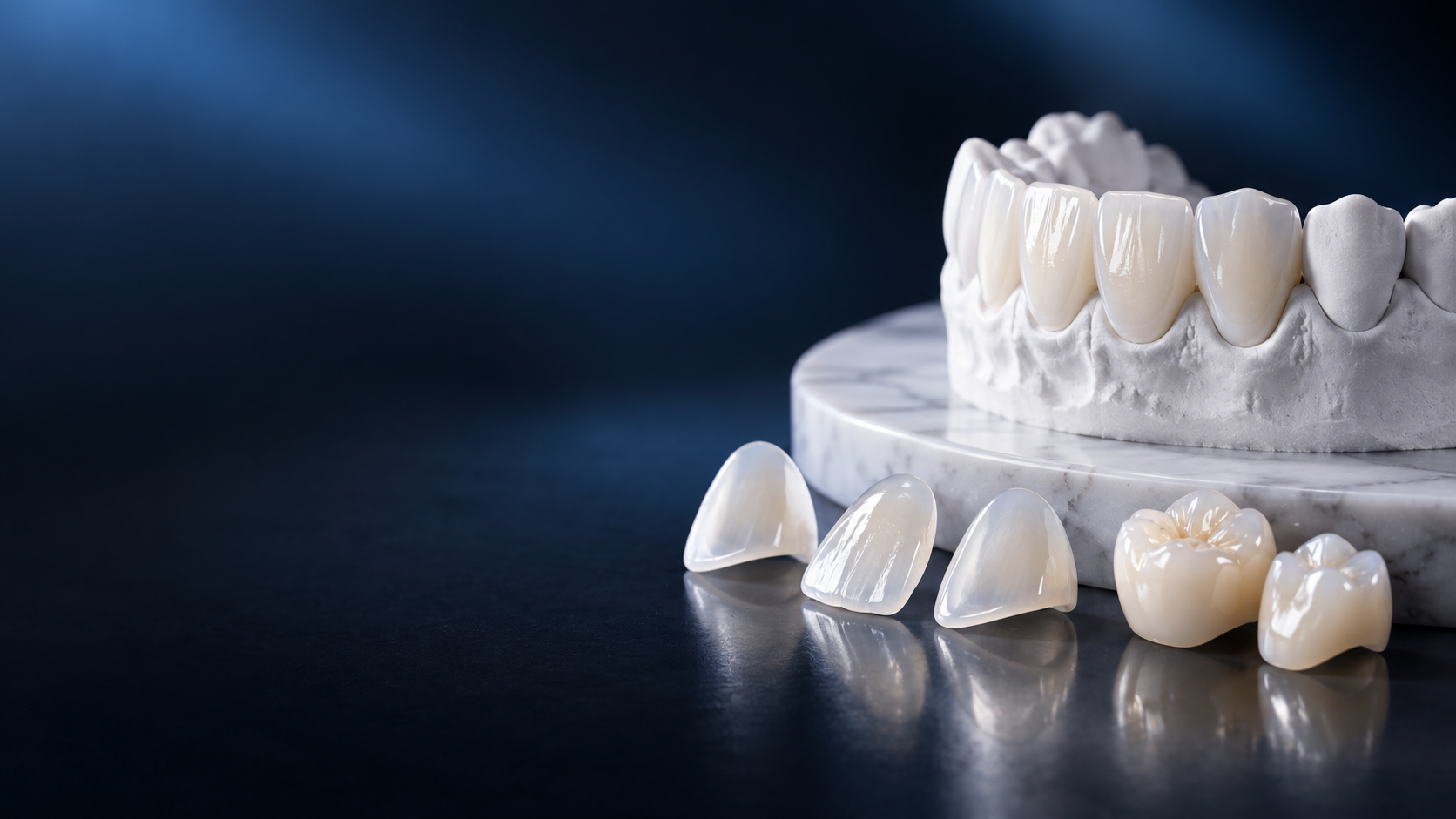 Crowns and veneers displayed beside anterior restorations on a dental model
