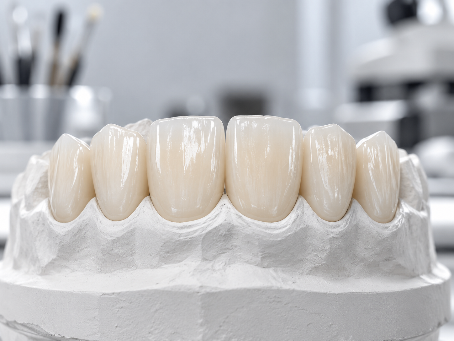 Six anterior veneers on a dental model