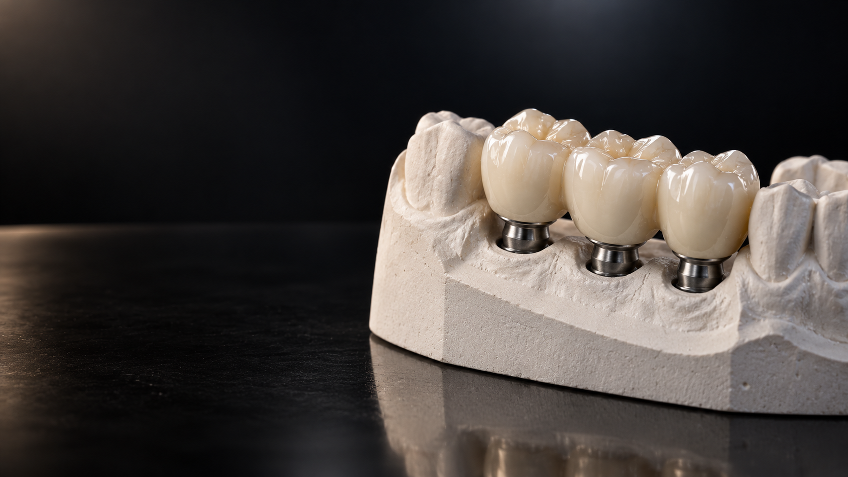 Three implant-supported crowns on a dental model
