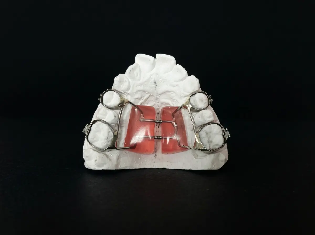 Orthodontic expansion appliance with pink acrylic and metal wires on a dental model