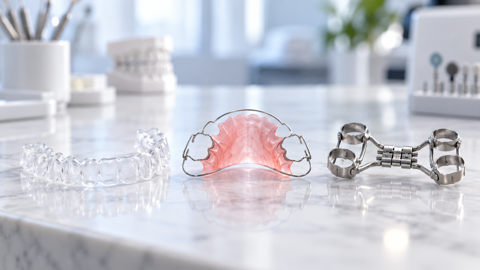 Clear retainer, pink Hawley retainer, and metal expansion appliance