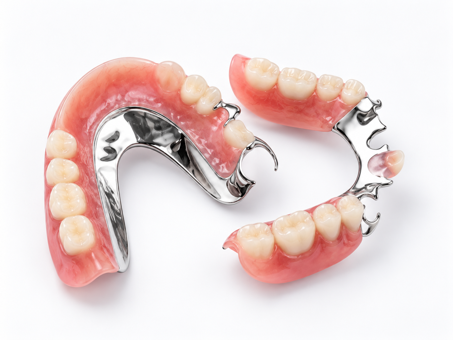 Two removable partial dentures with metal frameworks on a white surface